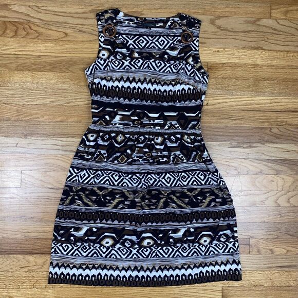 Tahari ASL Women’s Size 8 Brown Black White Tribal Geometric Print Midi Dress - Picture 1 of 7